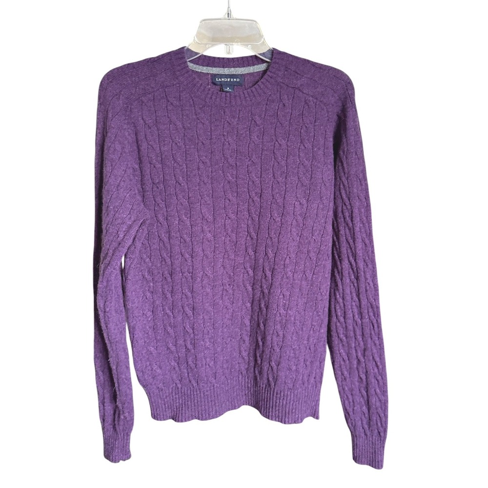 Lands End Mens Purple Merino Wool Blend Cable Knit Crewneck Sweater‎ Small 34-36